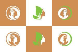 set of beauty logo design with head women and leaf creative concept vector