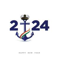 Indian Navy New Year 2024 Poster. Navy officer, Soldier cap, Anchor, and Indian flag wave on isolated Background, Navy warships, Wishing Greeting Card. Beautiful Calligraphy of  Navy Day. vector