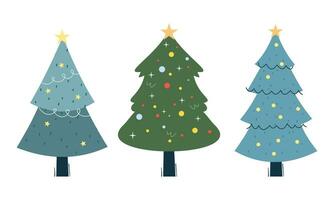 Collection of Christmas trees with decorations. Colorful vector illustration in flat cartoon style