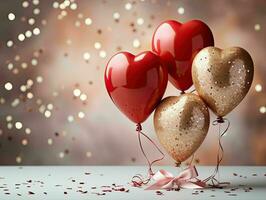 ai generado elegante rojo y oro metálico rojo y oro globos con papel picado. San Valentín día, internacional De las mujeres día, romántico antecedentes foto