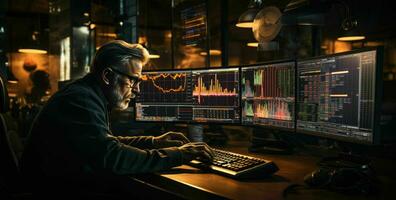 AI generated Finance trade manager analysing stock market indicators for best investment strategy, financial data and charts with business buildings in background photo