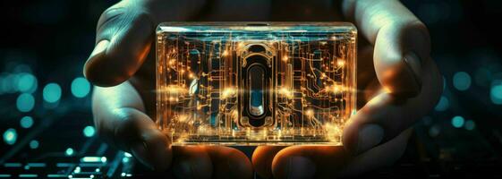 AI generated Cyber security, Hand hold digital padlock, Login verified identity credentials on network of data protection technology.Online internet authorized access photo