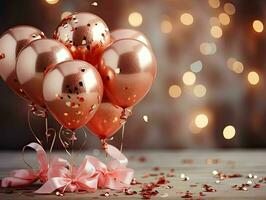 AI generated Stylish red and gold metallic red and gold balloons with confetti. Valentine's day, international women's day, romantic background photo