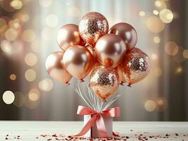 AI generated Stylish red and gold metallic red and gold balloons with confetti. Valentine's day, international women's day, romantic background photo