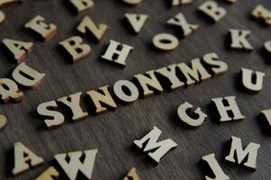 Closeup image of text SYNONYMS surrounded by scattered alphabet. photo