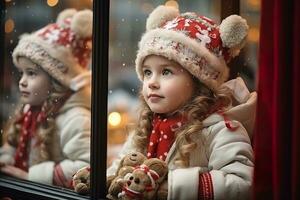 ai generado niños mirando un ventana de un Navidad tienda en Navidad día foto