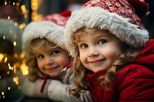 ai generado niños mirando un ventana de un Navidad tienda en Navidad día foto