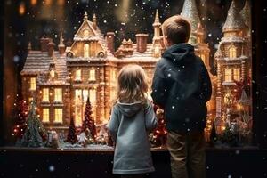 ai generado niños mirando un ventana de un Navidad tienda en Navidad día foto
