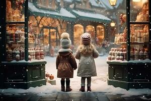 ai generado niños mirando un ventana de un Navidad tienda en Navidad día foto