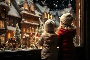 ai generado niños mirando un ventana de un Navidad tienda en Navidad día foto