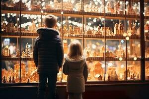 ai generado niños mirando un ventana de un Navidad tienda en Navidad día foto