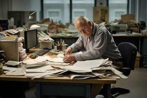 AI generated businessman Leaning in his work chair he looked bored on work desk documents photo