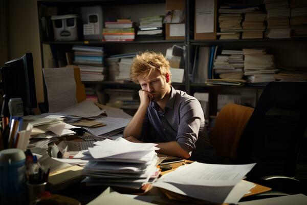 AI generated businessman Leaning in his work chair he looked bored on work desk documents