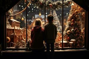 ai generado niños mirando un ventana de un Navidad tienda en Navidad día foto