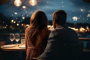 AI generated Couple dating in restaurant, New Year's Day celebration fireworks photo