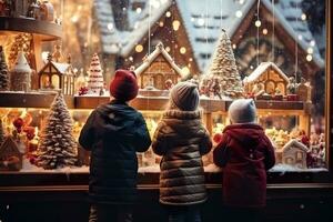 ai generado niños mirando un ventana de un Navidad tienda en Navidad día foto