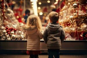 ai generado niños mirando un ventana de un Navidad tienda en Navidad día foto