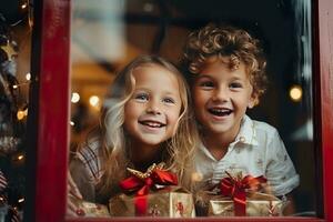 ai generado niños mirando un ventana de un Navidad tienda en Navidad día foto