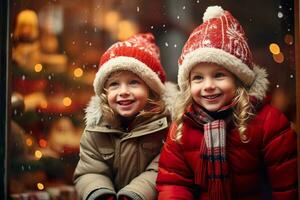 ai generado niños mirando un ventana de un Navidad tienda en Navidad día foto