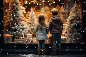 ai generado niños mirando un ventana de un Navidad tienda en Navidad día foto