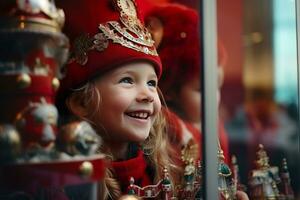 ai generado niños mirando un ventana de un Navidad tienda en Navidad día foto