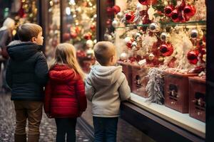 ai generado niños mirando un ventana de un Navidad tienda en Navidad día foto