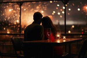 AI generated Couple dating in restaurant, New Year's Day celebration fireworks photo