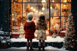 ai generado niños mirando un ventana de un Navidad tienda en Navidad día foto