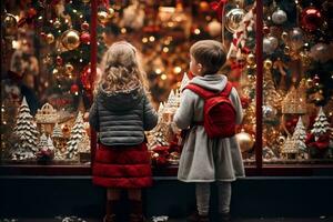 AI generated children looking a window of a christmas shop on christmas day photo