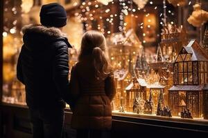 ai generado niños mirando un ventana de un Navidad tienda en Navidad día foto