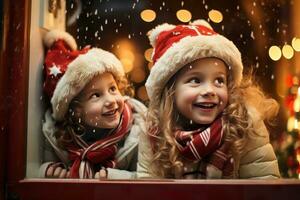 ai generado niños mirando un ventana de un Navidad tienda en Navidad día foto