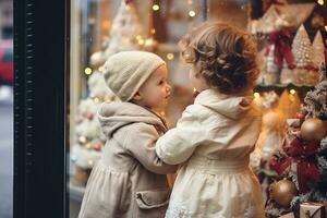 AI generated children looking a window of a christmas shop on christmas day photo