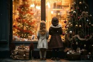 ai generado niños mirando un ventana de un Navidad tienda en Navidad día foto