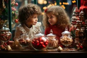 ai generado niños mirando un ventana de un Navidad tienda en Navidad día foto