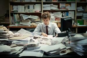 AI generated businessman Leaning in his work chair he looked bored on work desk documents photo