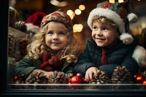 ai generado niños mirando un ventana de un Navidad tienda en Navidad día foto