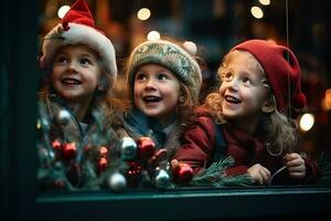 ai generado niños mirando un ventana de un Navidad tienda en Navidad día foto