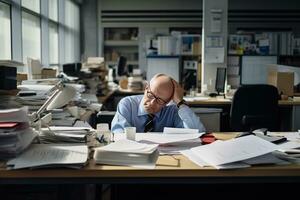 AI generated businessman Leaning in his work chair he looked bored on work desk documents photo