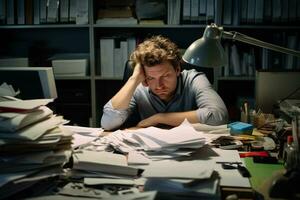 AI generated businessman Leaning in his work chair he looked bored on work desk documents photo