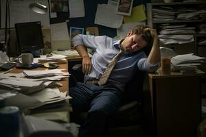 AI generated businessman Leaning in his work chair he looked bored on work desk documents photo