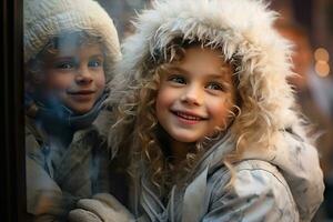 ai generado niños mirando un ventana de un Navidad tienda en Navidad día foto