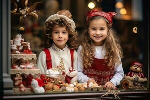 ai generado niños mirando un ventana de un Navidad tienda en Navidad día foto