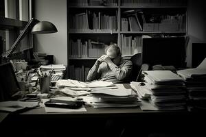AI generated businessman Leaning in his work chair he looked bored on work desk documents photo