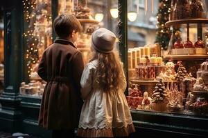 ai generado niños mirando un ventana de un Navidad tienda en Navidad día foto