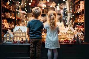 AI generated children looking a window of a christmas shop on christmas day photo