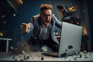 AI generated A angry businessman Throw a broken computer on the floor photo