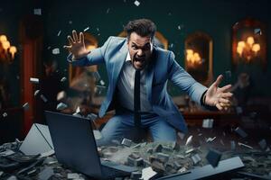 AI generated A angry businessman Throw a broken computer on the floor photo