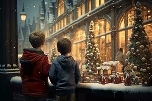 ai generado niños mirando un ventana de un Navidad tienda en Navidad día foto