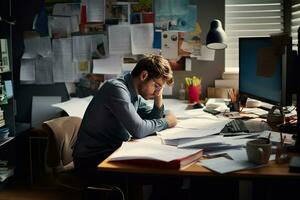 AI generated businessman Leaning in his work chair he looked bored on work desk documents photo