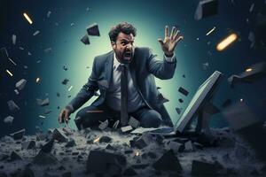 AI generated A angry businessman Throw a broken computer on the floor photo